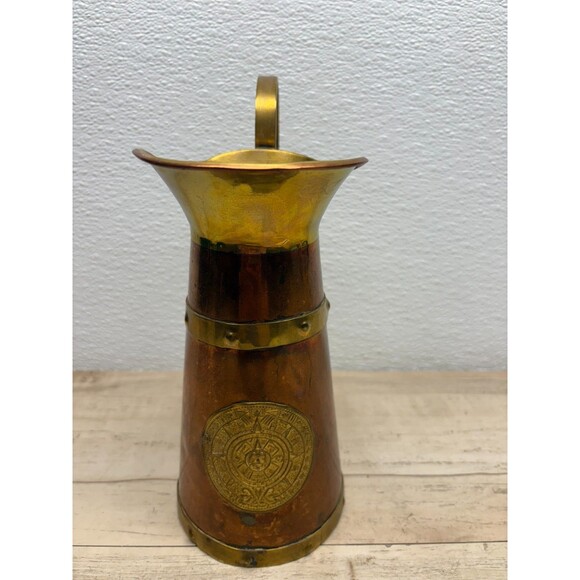 Vtg Copper And Brass Pitcher Brass Handle Aztec Calendar 1 Lit. 8.5in Tall - Picture 2 of 10
